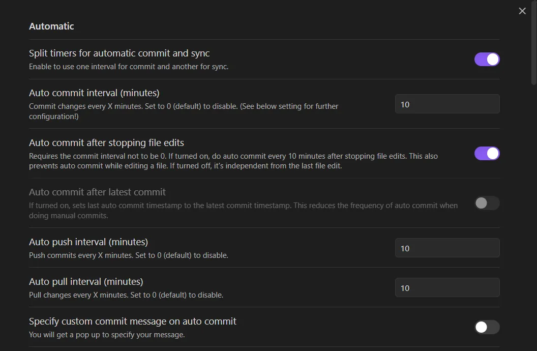 Obsidian Gitプラグイン設定画面